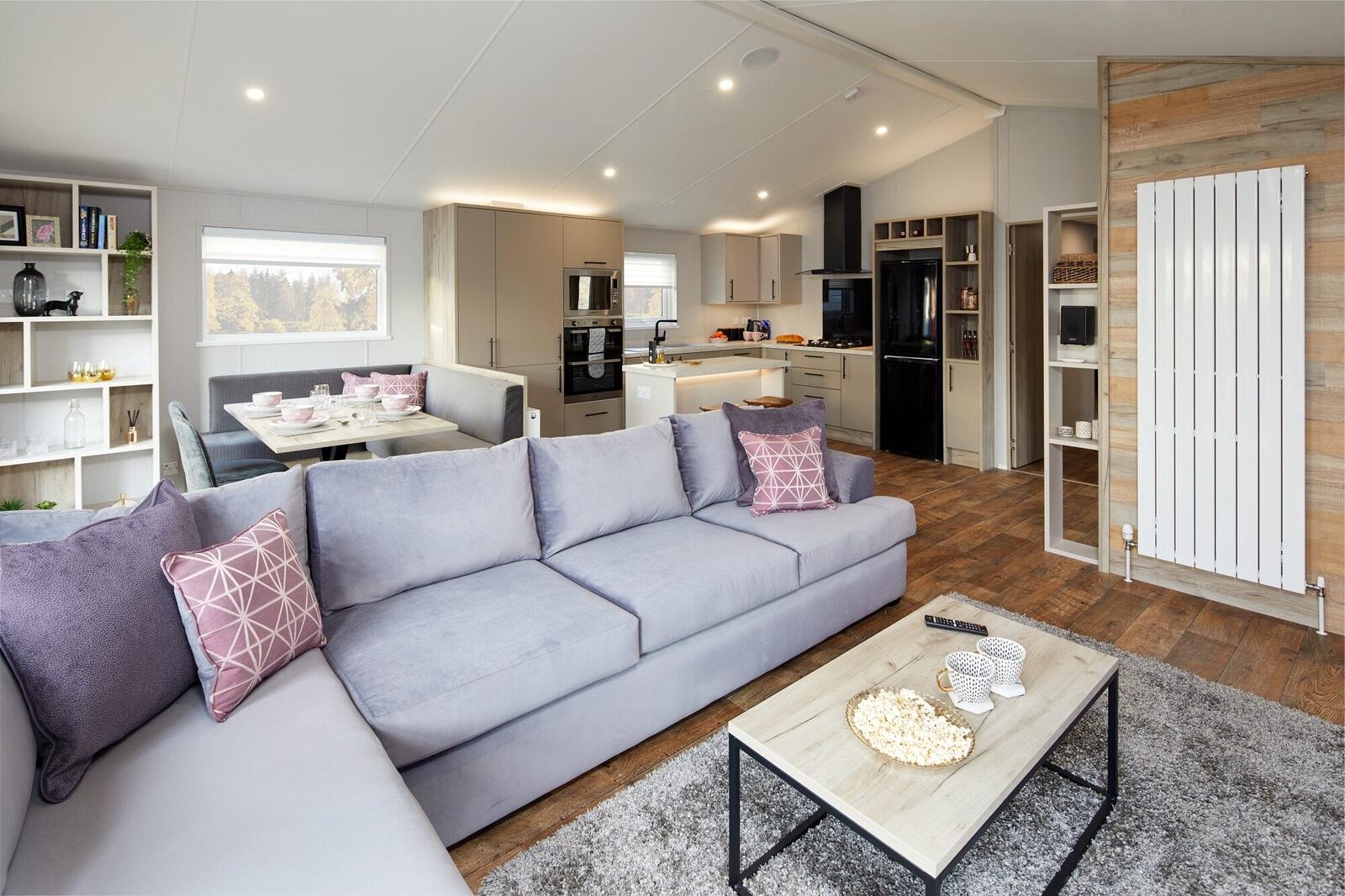 Lounge and kitchen in a Whitecotes park home